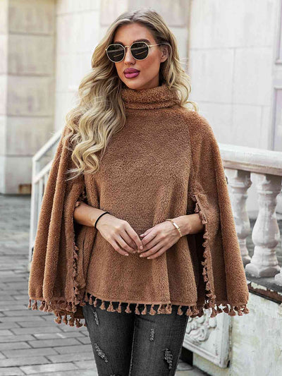 BEAUTIFUL I AM Full Size Turtleneck Tassel Hem Poncho