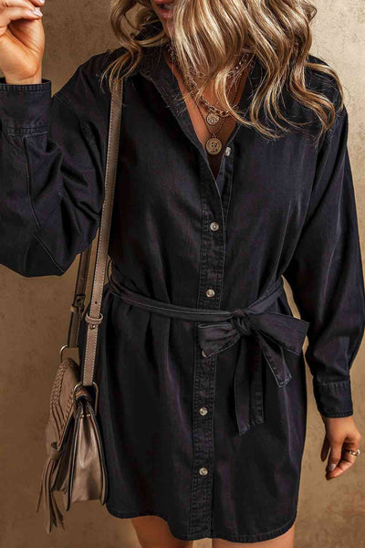 BEAUTIFUL I AM Button Up Collared Neck Denim Dress