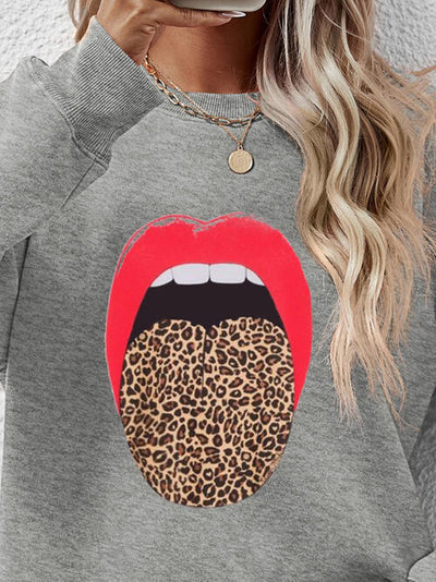 BEAUTIFUL I AM Leopard Lip Graphic Round Neck Sweatshirt