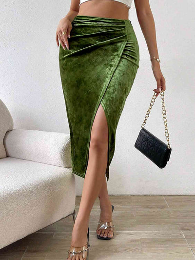 BEAUTIFUL I AM Ruched Front Slit Midi Skirt Dress