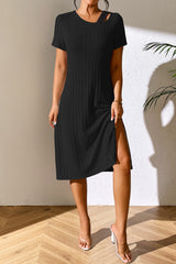 BEAUTIFUL I AM Ribbed Asymmetrical Neck Short Sleeve Dress