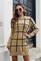 BEAUTIFUL I AM Plaid Round Neck Long Sleeve Sweater Dress