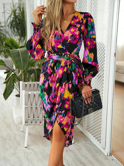 BEAUTIFUL I AM Printed Tie Front Lantern Sleeve Dress