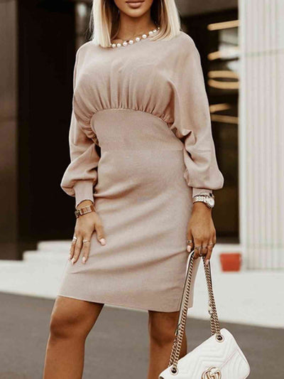 BEAUTIFUL I AM Round Neck Lantern Sleeve Dress