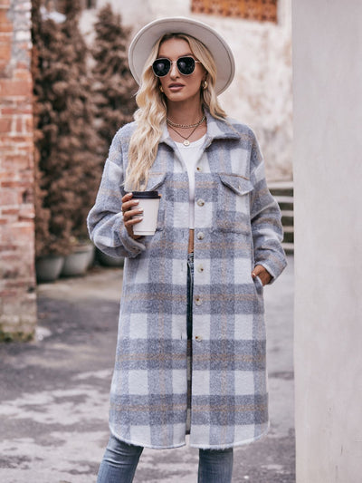 BEAUTIFUL I AM Plaid Dropped Shoulder Slit Jacket Coat