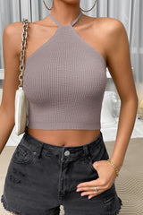 BEAUTIFUL I AM Halter Neck Ribbed Cropped Knit Top Shirt