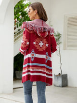 BEAUTIFUL I AM Fringe Geometric Hooded Long Sleeve Cardigan