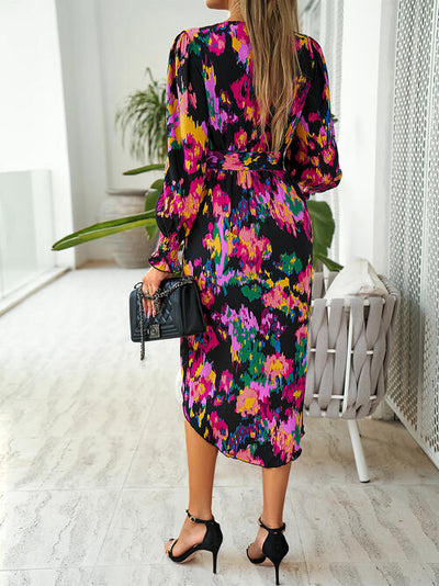 BEAUTIFUL I AM Printed Tie Front Lantern Sleeve Dress