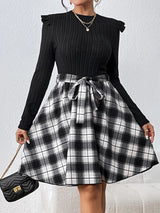 BEAUTIFUL I AM Plaid Ruffle Shoulder Round Neck Dress