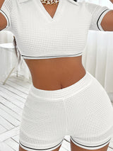 BEAUTIFUL I AM Waffle-Knit Collared Neck Cropped Top and Shorts Set