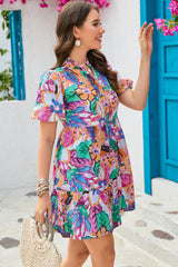 BEAUTIFUL I AM Floral Notched Neck Ruffle Hem Dress