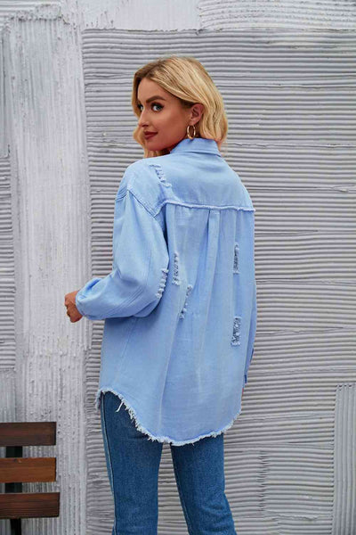 BEAUTIFUL I AM Distressed Raw Hem Denim Jacket