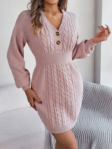 BEAUTIFUL I AM Buttoned Cable-Knit V-Neck Sweater Dress