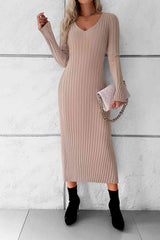 BEAUTIFUL I AM V-Neck Long Sleeve Ribbed Sweater Dress