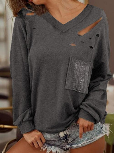 BEAUTIFUL I AM Distressed V-Neck Long Sleeve Shirt With Pockets