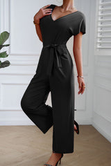 BEAUTIFUL I AM Tie Waist V-Neck Short Sleeve Pants Jumpsuit