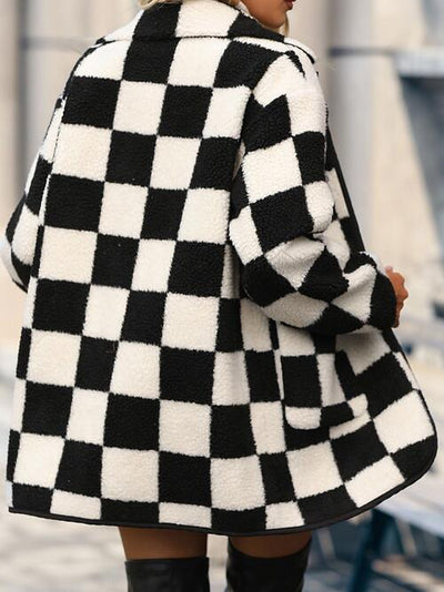 BEAUTIFUL I AM Plus Size Checkered Button Jacket Front Coat with Pockets