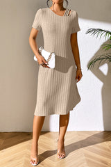 BEAUTIFUL I AM Ribbed Asymmetrical Neck Short Sleeve Dress