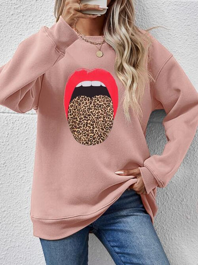 BEAUTIFUL I AM Leopard Lip Graphic Round Neck Sweatshirt