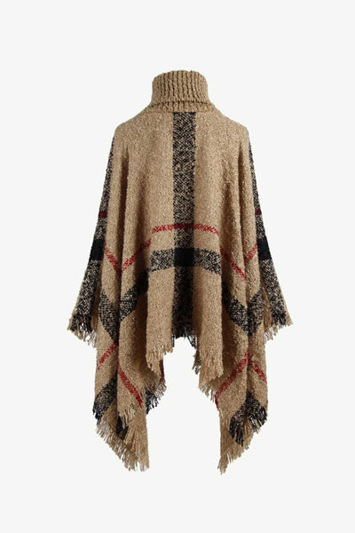 BEAUTIFUL I AM Plaid Turtleneck Raw Hem Poncho