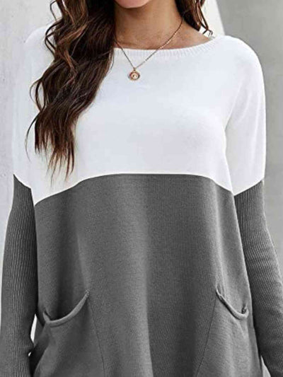 BEAUTIFUL I AM Two Tone Pullover Sweater with Pockets