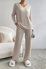 BEAUTIFUL I AM Ribbed V-Neck Top and Pants Set