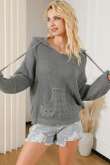 BEAUTIFUL I AM Rivet Drawstring Hooded Long Sleeve Sweater