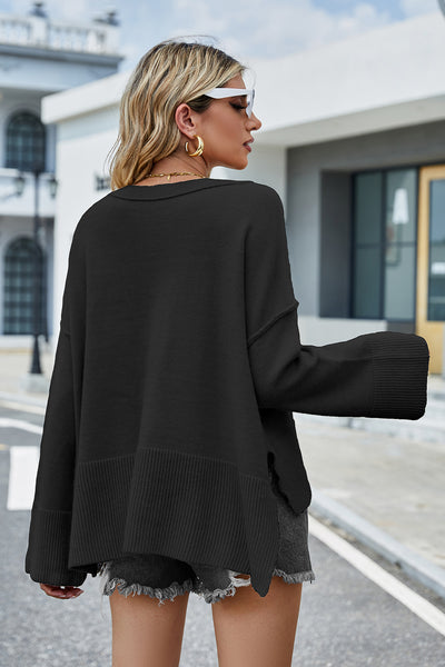 BEAUTIFUL I AM Round Neck Dropped Shoulder Slit Sweater