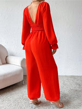 BEAUTIFUL I AM Plunge Smocked Flounce Sleeve Pants Jumpsuit