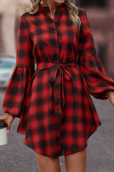 BEAUTIFUL I AM Plaid Tie Waist Balloon Sleeve Mini Dress