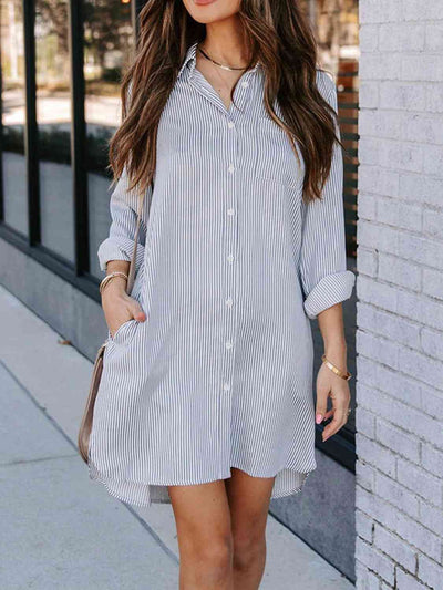 BEAUTIFUL I AM Striped Button Up Collared Neck Long Sleeve Shirt Dress