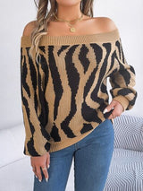 BEAUTIFUL I AM Off-Shoulder Animal Print Long Sleeve Sweater