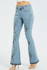 BEAUTIFUL I AM Full Size Flower Embroidery Wide Leg Jeans