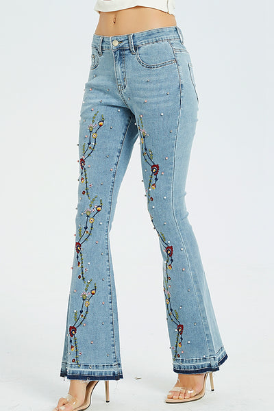 BEAUTIFUL I AM Full Size Flower Embroidery Wide Leg Jeans