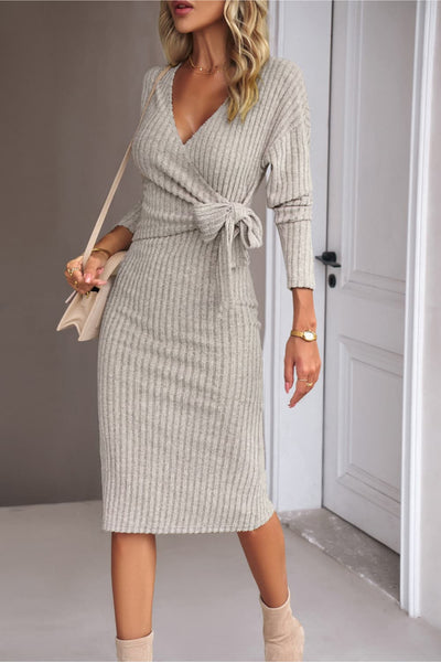 BEAUTIFUL I AM Surplice Neck Tied Ribbed Dress