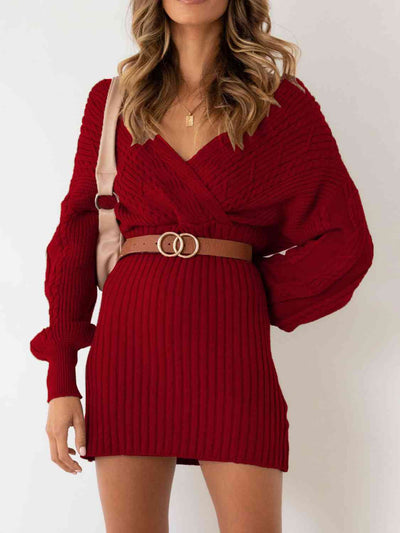 BEAUTIFUL I AM Surplice Neck Long Sleeve Sweater Dress