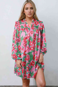 BEAUTIFUL I AM Floral Notched Neck Long Sleeve Dress