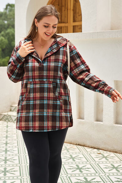 BEAUTIFUL I AM Plus Size Drawstring Plaid Quarter Button Hoodie