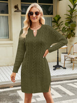 BEAUTIFUL I AM Notched Neck Cable-Knit Slit Sweater Dress