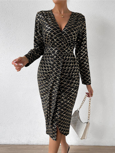 BEAUTIFUL I AM Printed Surplice Long Sleeve Slit Dress