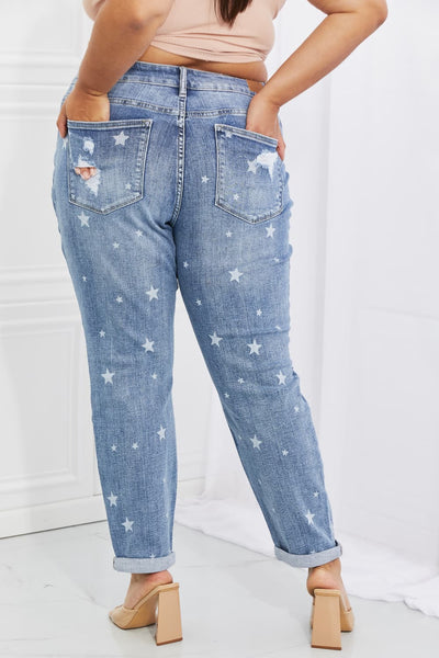 BEAUTIFUL I AM Judy Blue Sarah Full Size Star Pattern Boyfriend Jeans