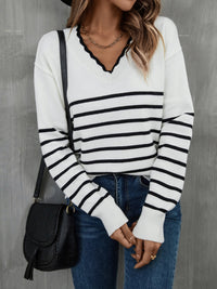 BEAUTIFUL I AM Striped V-Neck Drop Shoulder Sweater