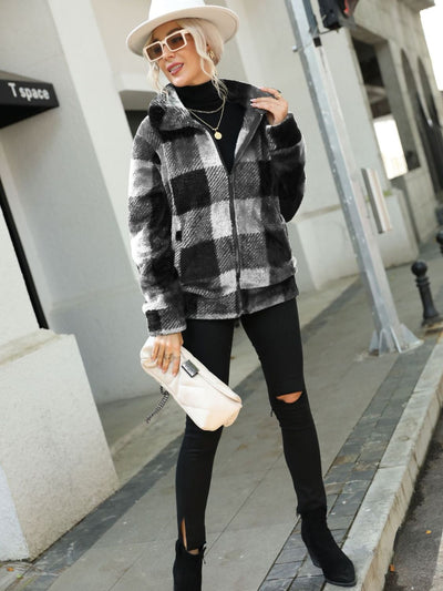 BEAUTIFUL I AM Plaid Zip-Up Collared Jacket