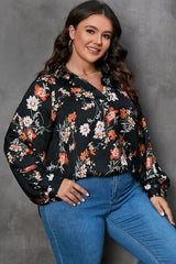 BEAUTIFUL I AM Plus Size Printed Johnny Collar Long Sleeve Blouse Shirt