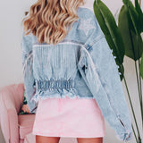 BEAUTIFUL I AM Distressed Raw Hem Denim Jacket