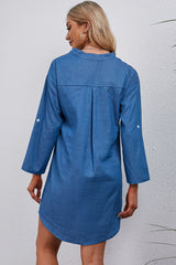 BEAUTIFUL I AM Half-Button Notched Neck High-Low Denim Dress