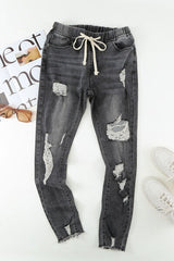 BEAUTIFUL I AM Drawstring Distressed Raw Hem Jeans with Pockets