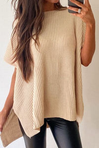 BEAUTIFUL I AM Waffle-Knit Slit Short Sleeve Sweater