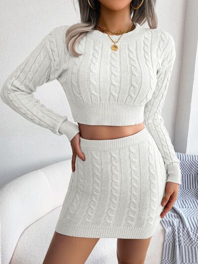 BEAUTIFUL I AM Cable-Knit Round Neck Top and Dress Skirt Sweater Set