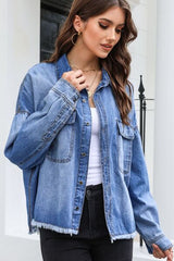 BEAUTIFUL I AM Raw Hem Pocketed Collared Neck Denim Jacket